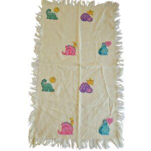 Handmade Cross Stitch Baby Kids Blanket Dinosaurs Yellow Unisex Fringe Decor